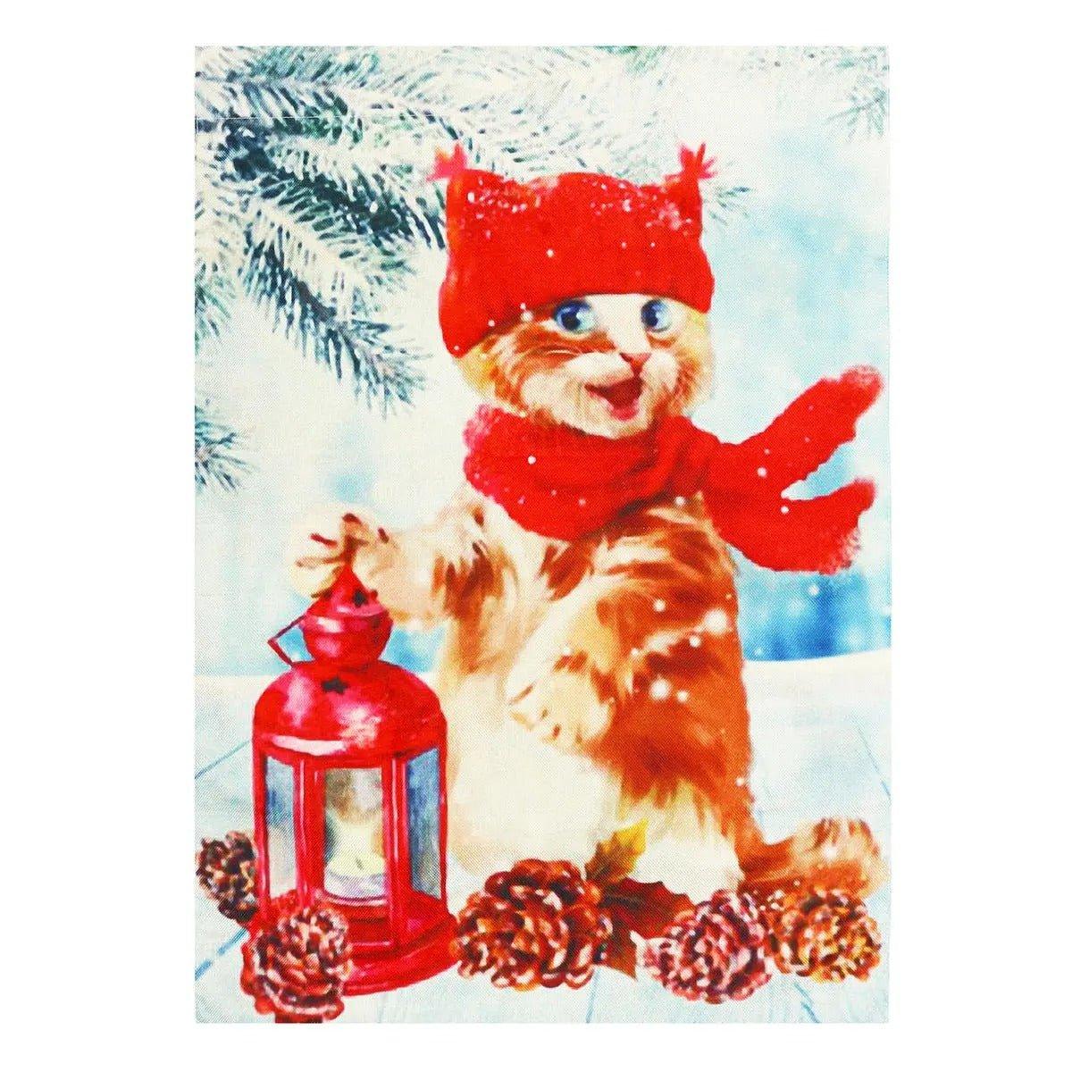 Christmas Garden Flag – Winter Lantern & Cat Design for Outdoor Decor