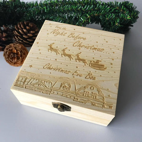 "Christmas Eve Box Engraved Wooden Decoration – Holiday Gift Storage Box | Christmas Trees USA"