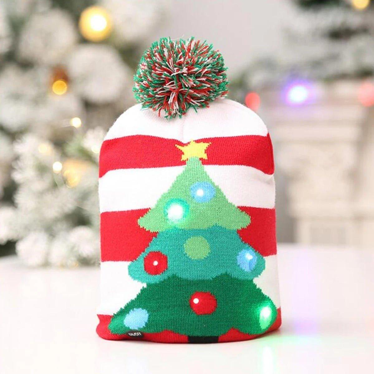 Christmas LED Light Beanie Cap with Winter Tree Print | Warm & Cute Holiday Gift | Christmas Trees USA