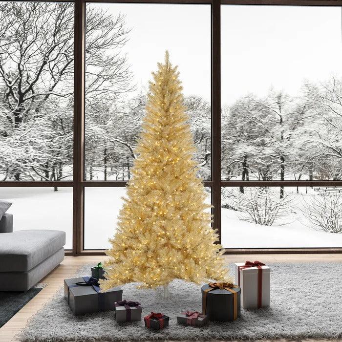 White/Gold Tinsel 90'' Lighted Artificial Pine Christmas Tree