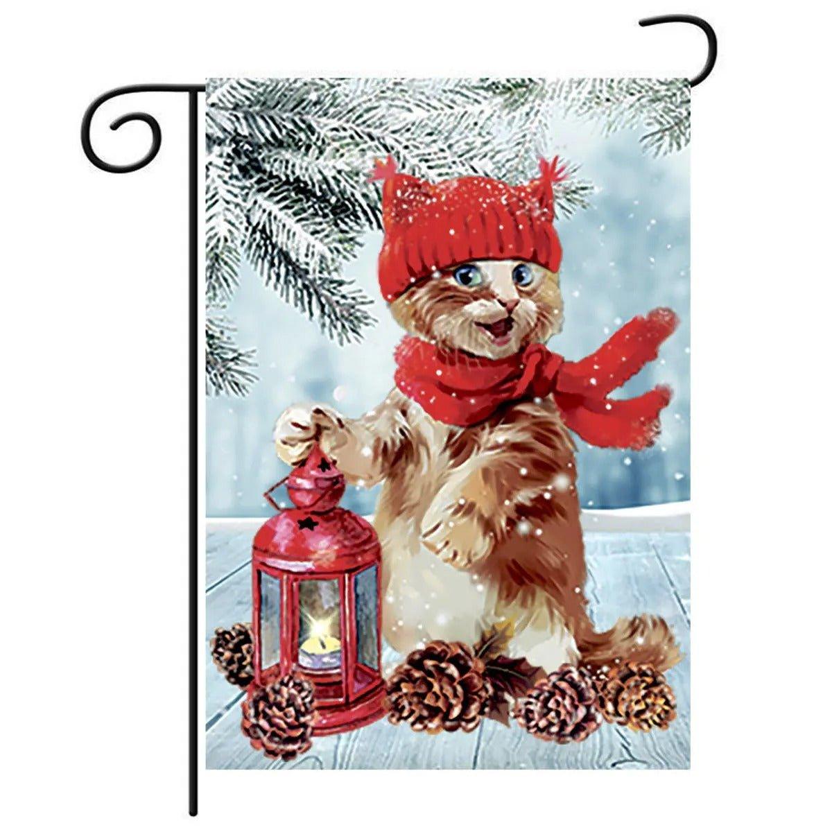 Christmas Garden Flag – Winter Lantern & Cat Design for Outdoor Decor
