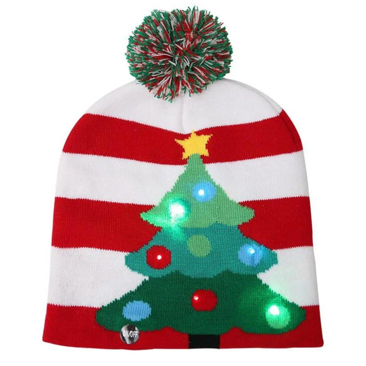 Christmas LED Light Beanie Cap with Winter Tree Print | Warm & Cute Holiday Gift | Christmas Trees USA