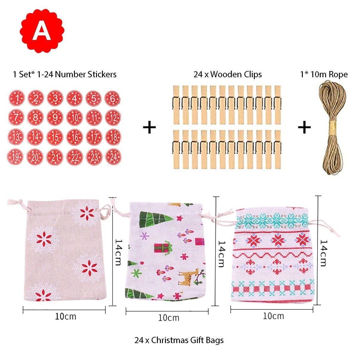 Christmas Advent Calendar Linen Bags - 24 Hanging Gift Pouches